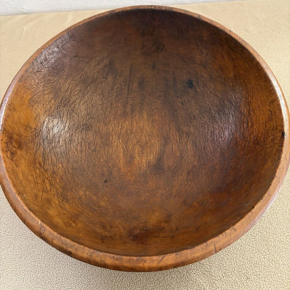 Primitive 14" Hand Turned Wood Chopping Bowl Trencher Knife Marks 4.25" Deep